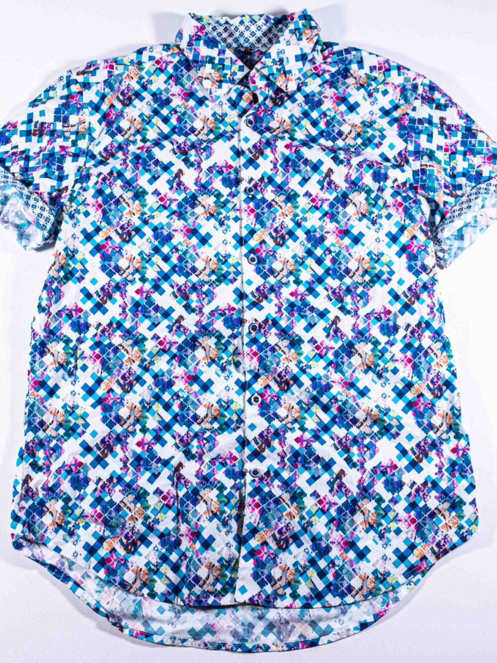 Robert Graham Floral Abstract Short Sleeve Button Shirt Mens Medium Flip Cuff M